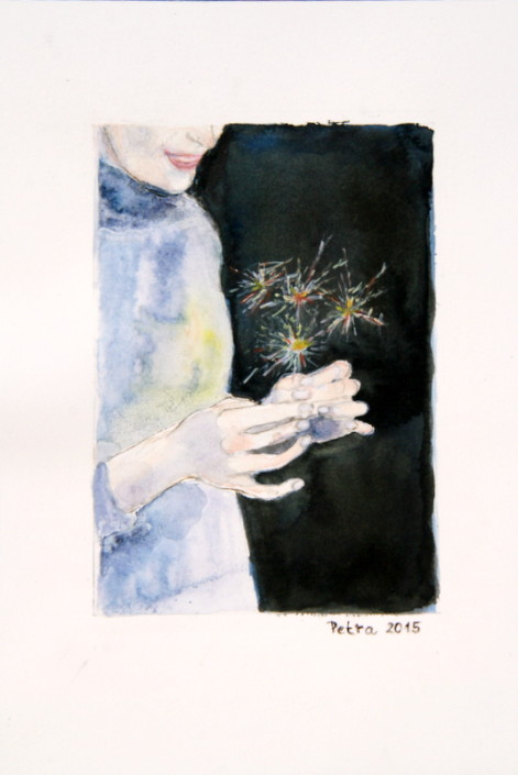 5000,- CZK Šťastné a veselé - akvarel + tuš, 26x18